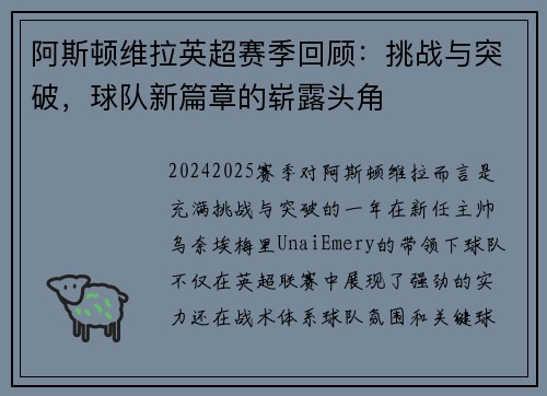 阿斯顿维拉英超赛季回顾：挑战与突破，球队新篇章的崭露头角
